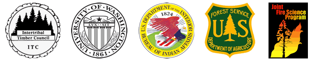 Collaborator's Logos - Intertribal Timber Council, University of Washington, Bureau of Indian Affairs, USDA Forest Service, Joint Fire Science Program  