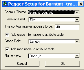 Figure 3 – The simple PEGGER setup dialog where users specify the contour theme, elevation attribute, contour interval, and attribute preferences.