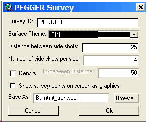 Figure 7 - The PEGGER survey dialog where users can specify survey parameters to either match field procedures for comparison purposes, or maximize topographic input into RoadEng with the densify function.