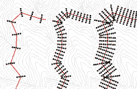 Click to enlarge Figure 8 - The PEGGER survey function allows users to generate survey data for RoadEng so that it mimics field procedures or so that it maximizes topographic input. Three different survey densities are shown above with the one of the left most closely representing typical field survey methods.