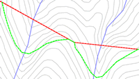 Click to enlarge Figure 15 - Care must be taken when pegging across stream valleys. Here, the red road was located using PEGGER, however, the road would likely be constructed more like the green road. This difference in road length can significantly affect the grade of the road.