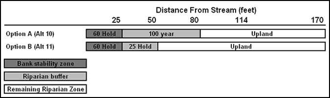 Figure 7: Using the fine filter criterion, two preferred alternatives emerged: alternative 10 and alternative 11. These became Option A and Option B respectively for the template. Option A had a wider buffer but allowed a regeneration harvest outside the bank stability zone, whereas Option B had a narrower buffer but allowed no further entries after the third thinning.