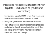 Click to View: 8. Integrated Resource Management Plan Update   Ordinance 74 (midcourse correction)