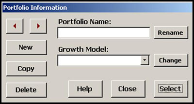 Figure 8-2: The select portfolio dialog box allows you to create and browse your portfolios. After giving your new portfolio a name and selecting a growth model, click the Select button to enter or edit the portfolio data.