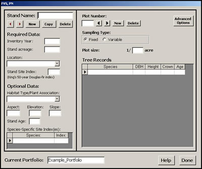Figure 8-3: In the data entry form, enter stand data on the left and plot data on the right.
