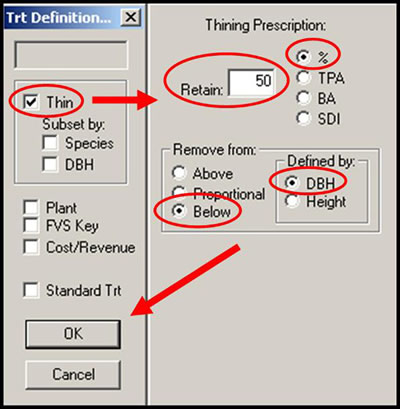 Figure 9-11: Once you bring up the quick treatment window in LMS, click thin and specify what trees you want left after thinning.