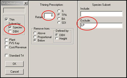 Figure 9-13: Under the Thin box in the Quick Treatment window, you can specify a particular species to include or exclude. In this case loblolly pine (LP) is excluded so that this species will be retained while all others (e.g. hardwoods) are removed.