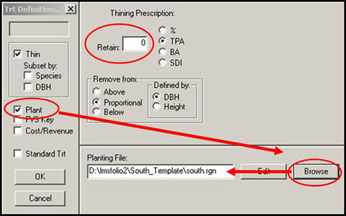 Figure 9-16: Check the Plant box and select your planting file to simulate tree planting in LMS.