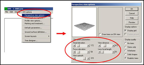 Figure 9-8: The Perspective View in LMS simulates an aerial view of the forest. You can use the slider bars in the Perspective View Options to change your viewpoint.