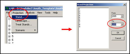 Figure 9-9: From the Projection menu in LMS, you can simulate the growth of your stand over time.